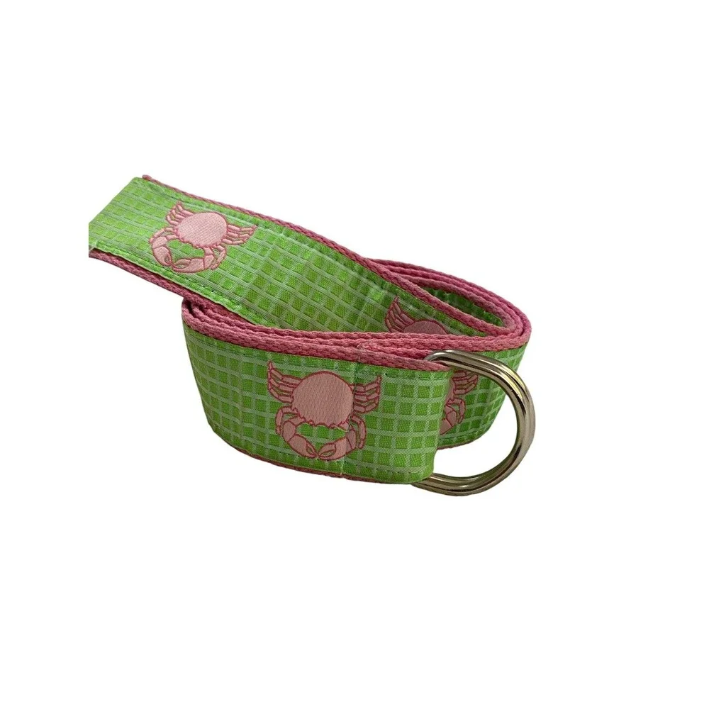 Douglas Paquette Crab D Ring Belt M Green Pink Preppy Coastal Nautical